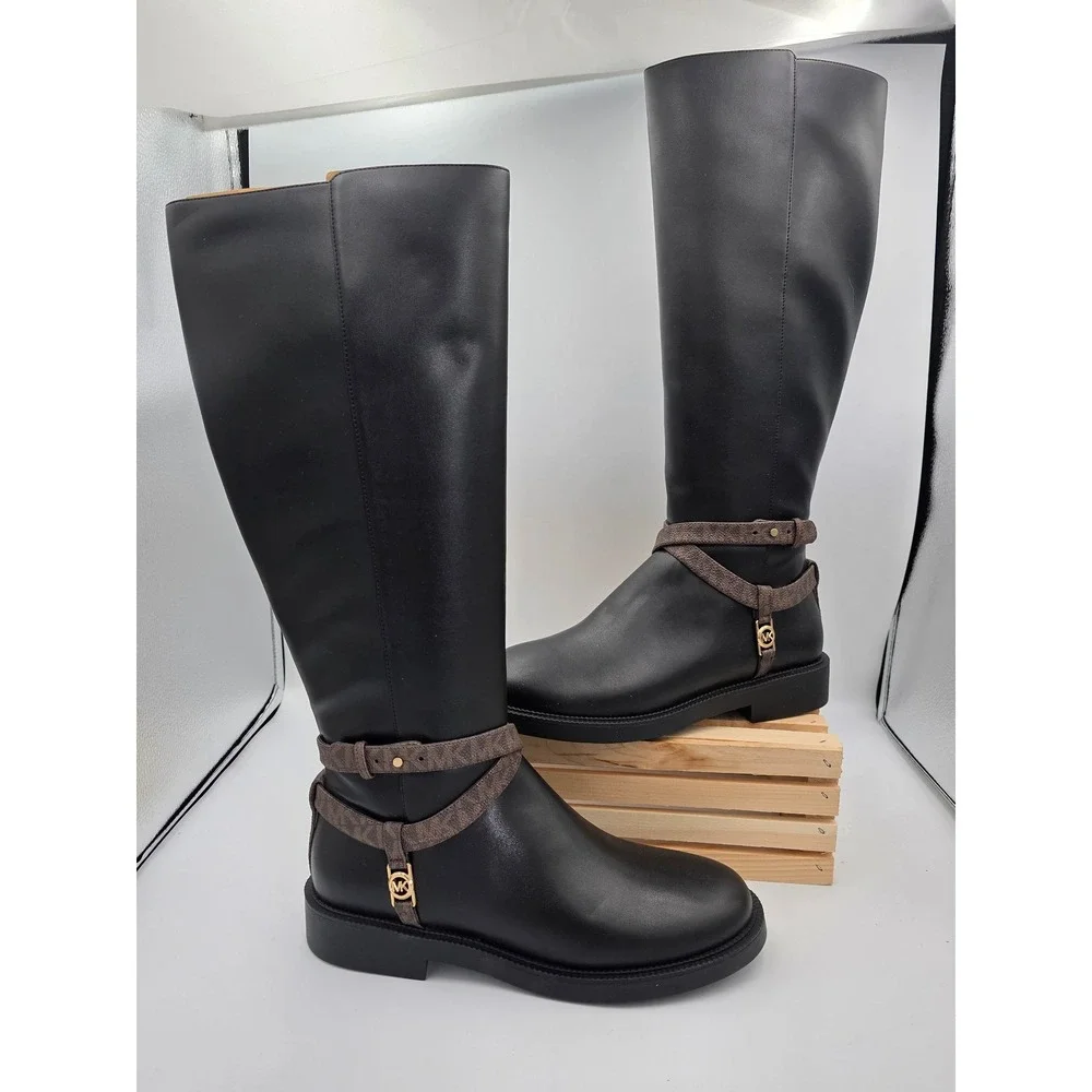 Michael Kors Mandy Knee High Boot Womens 7.5 Black Faux Leather Logo Harness New